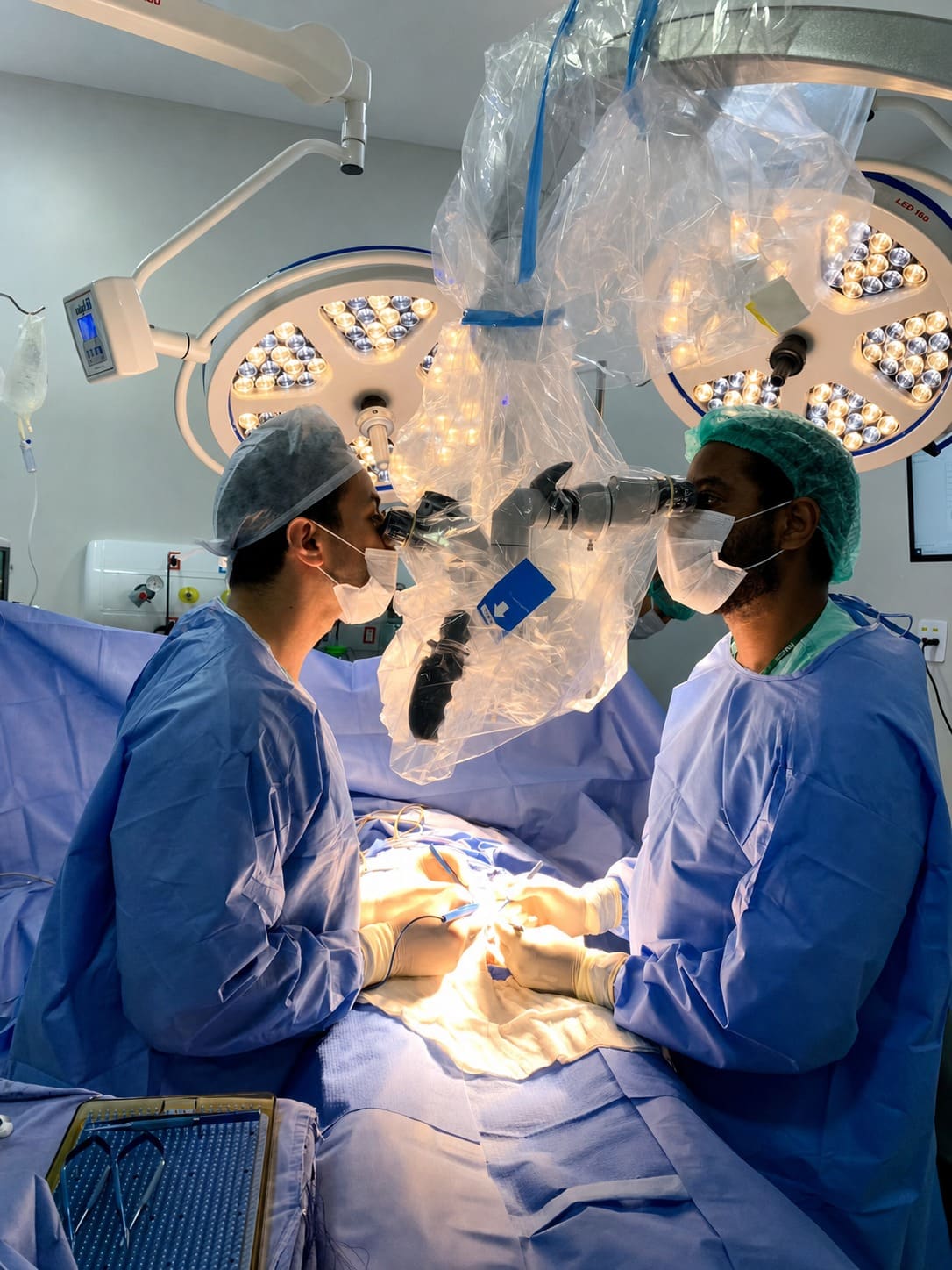 Cirurgiões realizando microcirurgia reprodutiva com auxílio de microscópio cirúrgico